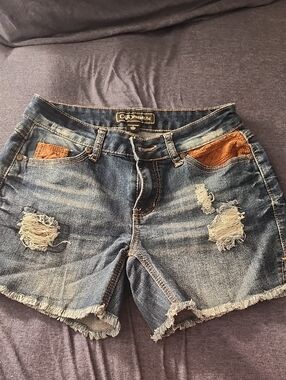 Cato Distressed Blue Denim Shorts with Tan Pocket Accents